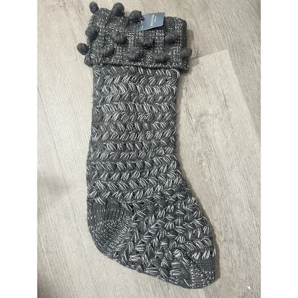 New Place & Time 20”Christmas Cable Knit Stocking Grey White Pom Poms - Picture 1 of 7